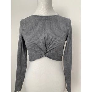 Solid twist front rib-knit top in dark grey